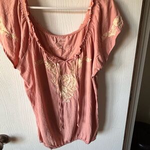 RXB Coral Peasant Blouse with Cream Lace Accents